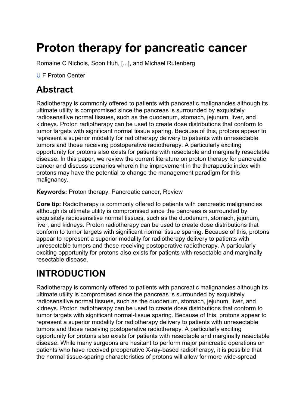 Proton Therapy for Pancreatic Cancer