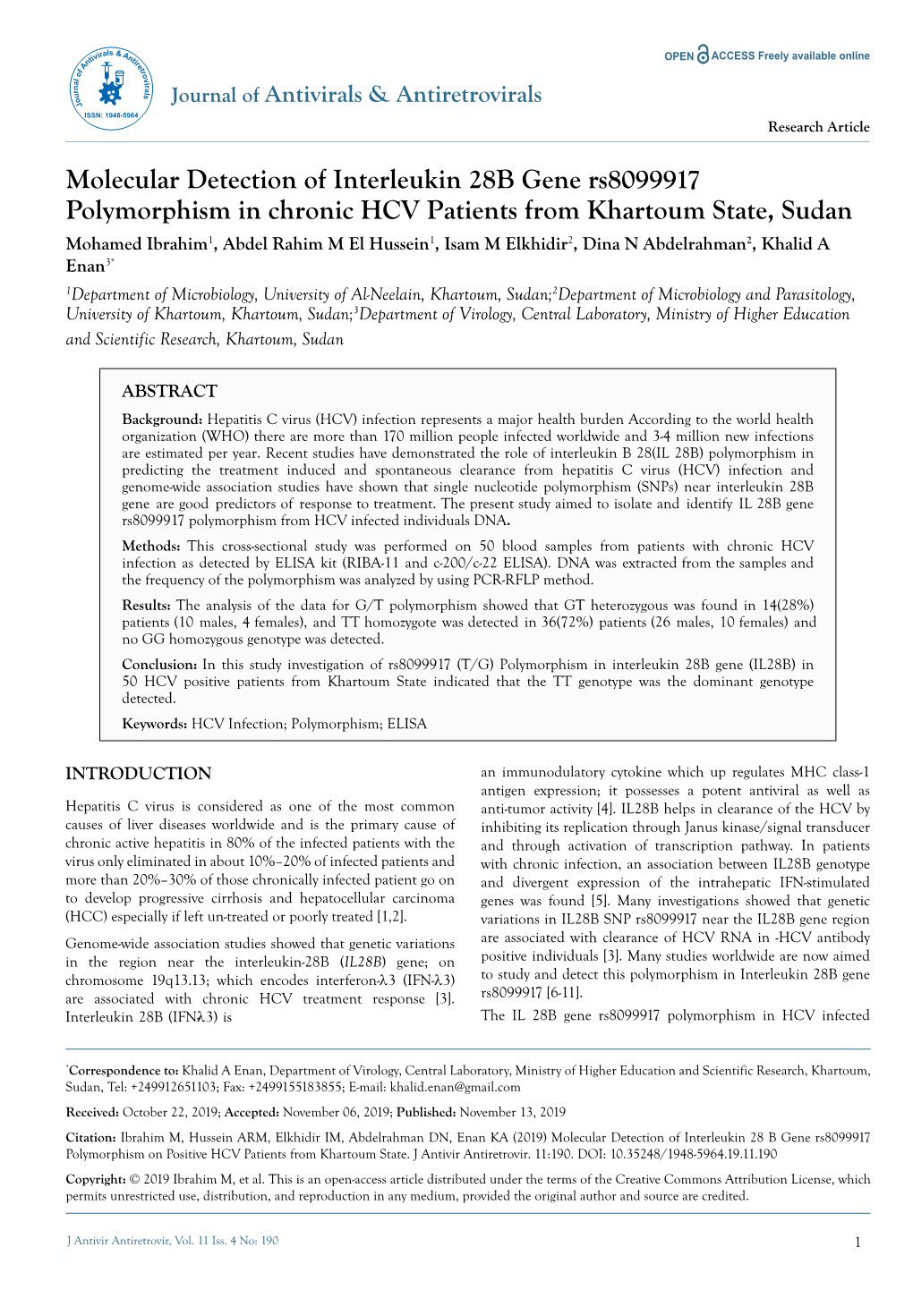 Molecular Detection of Interleukin 28 B Gene Rs8099917 Polymorphism on Positive HCV Patients from Khartoum State