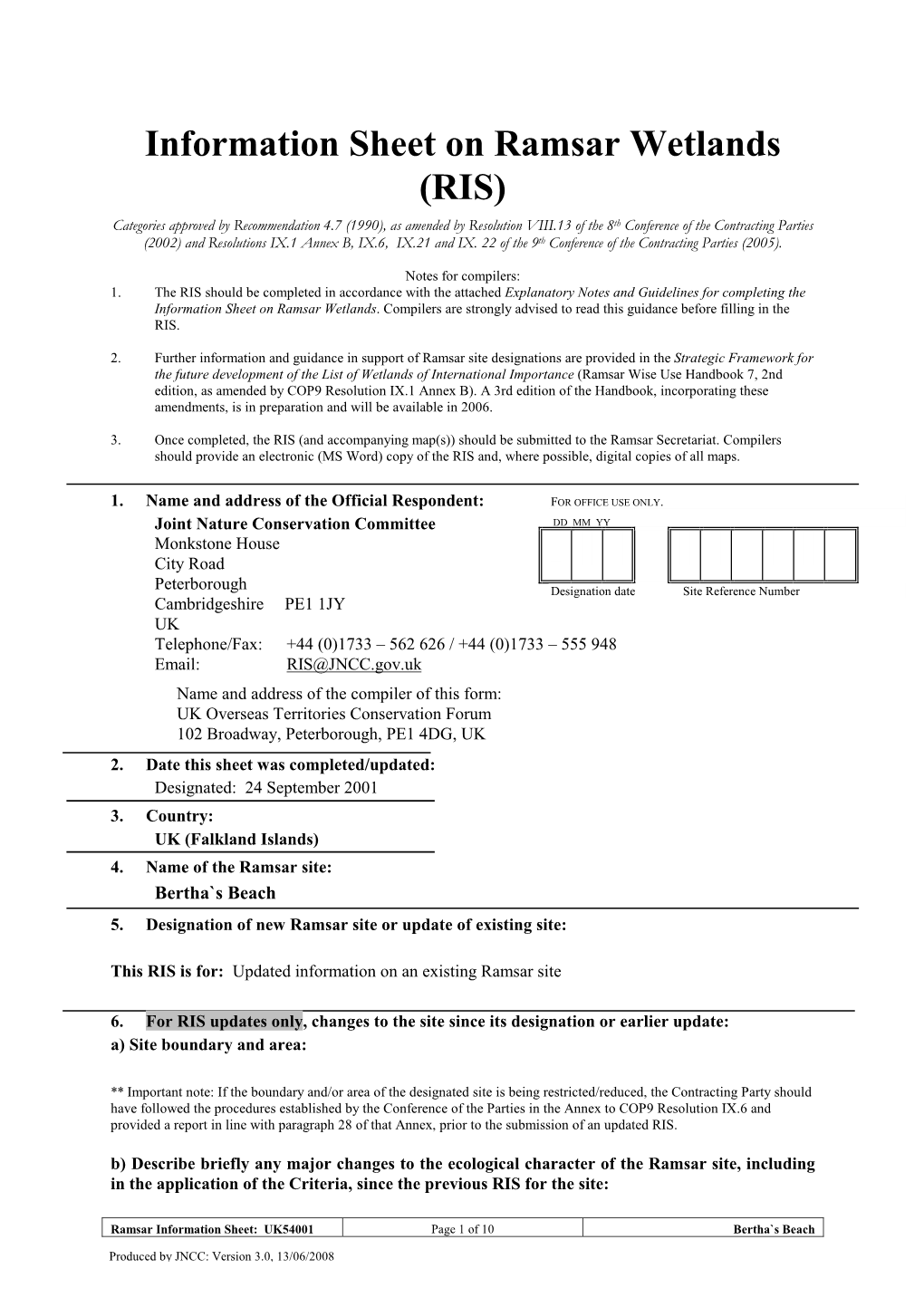 Information Sheet on Ramsar Wetlands