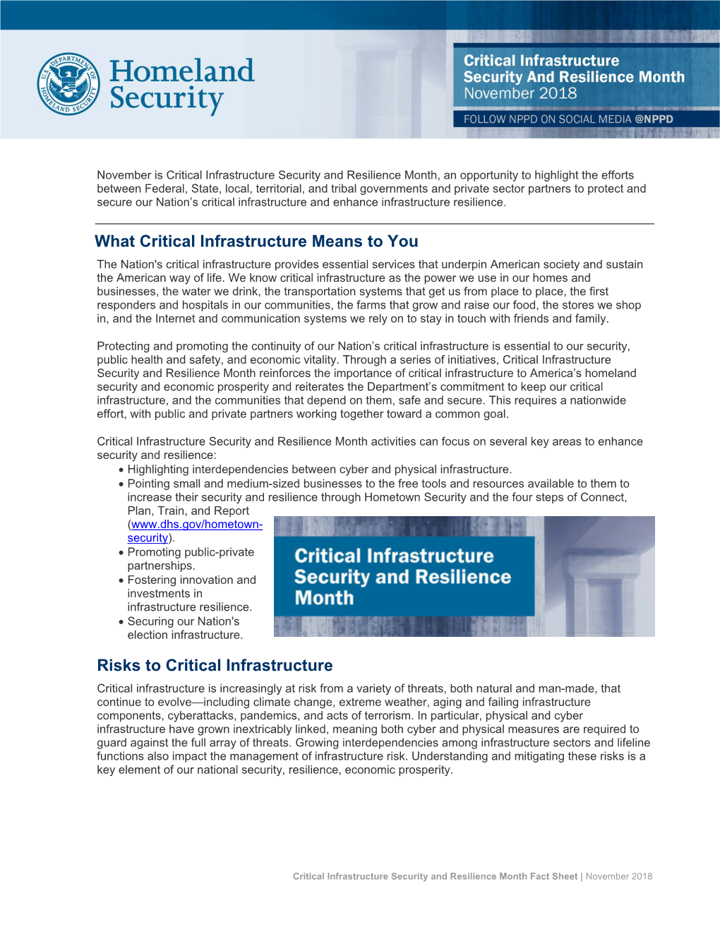 Critical Infrastructure Security and Resilience Month Fact Sheet | November 2018