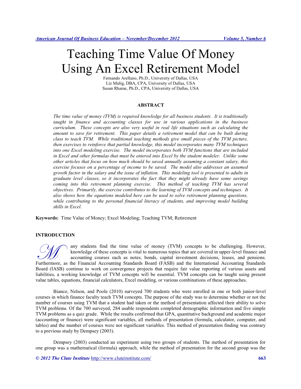 Teaching Time Value of Money Using an Excel Retirement Model