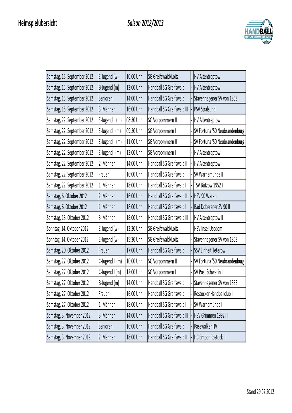 Heimspielübersicht Saison 2012/2013