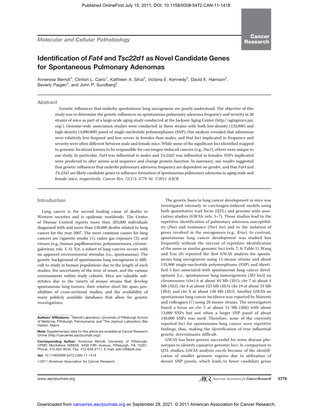 Identification of Fat4 and Tsc22d1 As Novel Candidate Genes for Spontaneous Pulmonary Adenomas