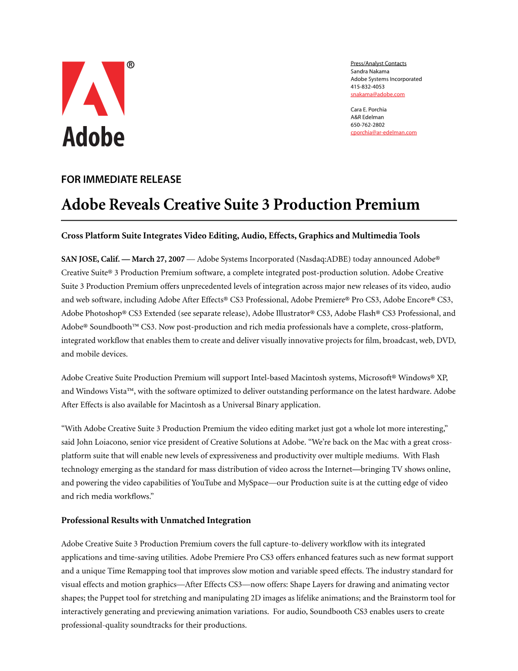 Adobe Reveals Creative Suite 3 Production Premium