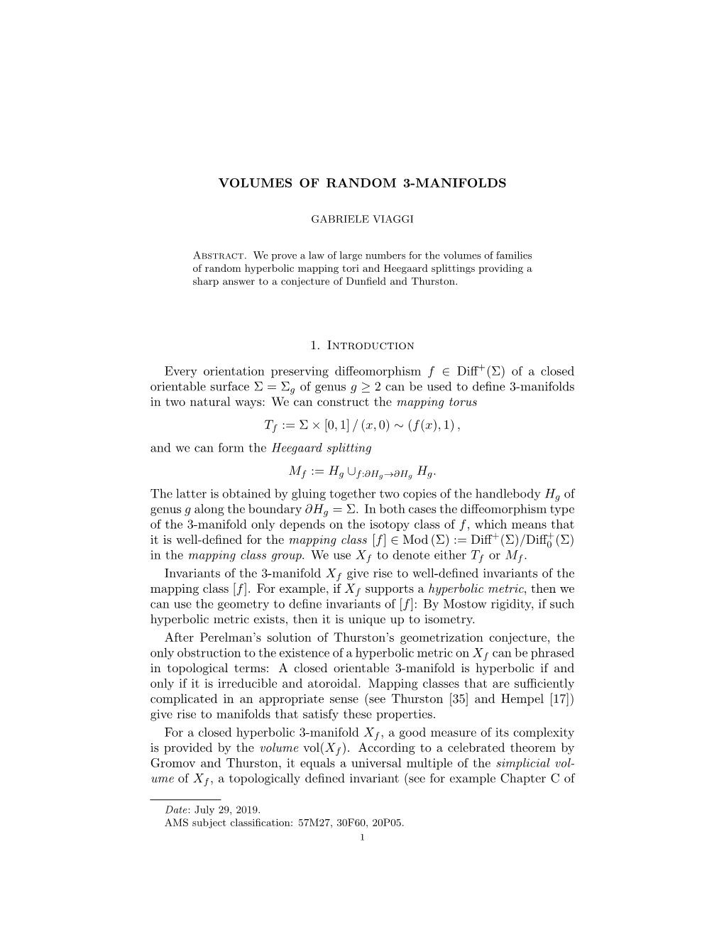 VOLUMES of RANDOM 3-MANIFOLDS 1. Introduction Every