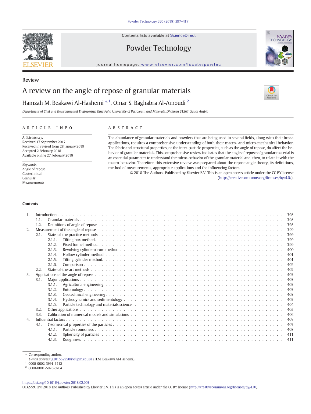 A Review on the Angle of Repose of Granular Materials