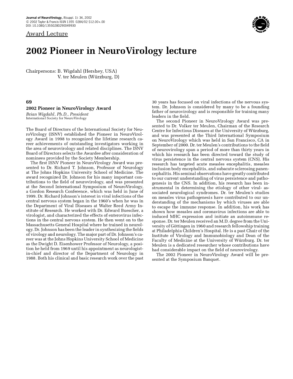 2002 Pioneer in Neurovirology Lecture