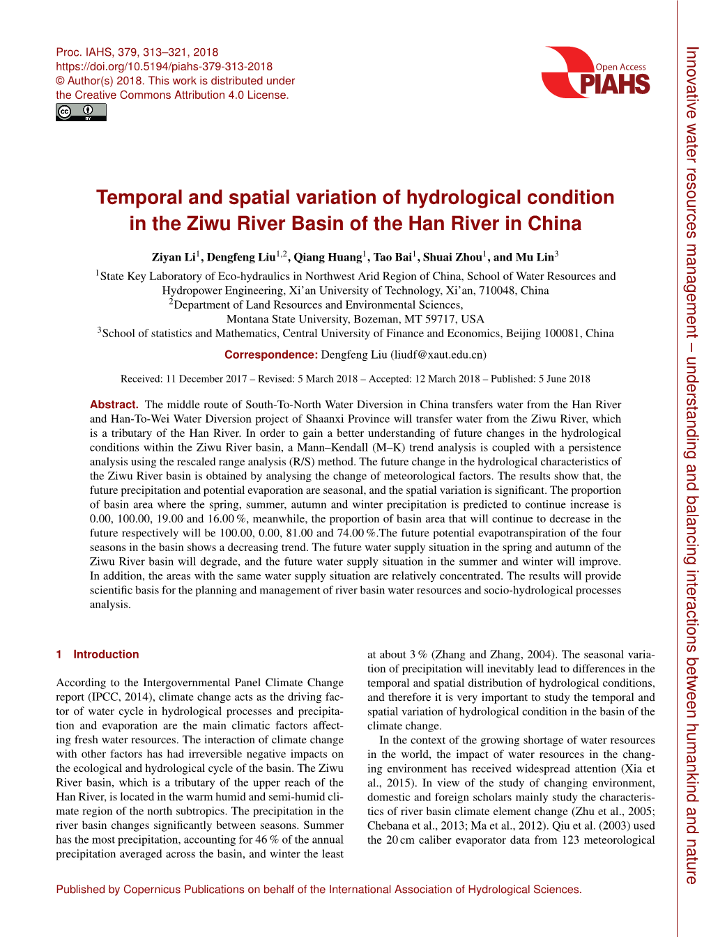Temporal and Spatial Variation of Hydrological Condition in the Ziwu River Basin of the Han River in China