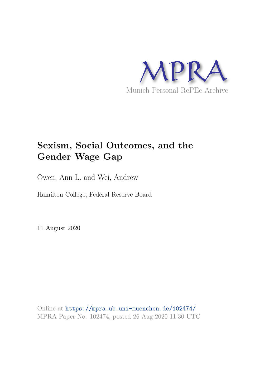 Sexism, Social Outcomes, and the Gender Wage Gap