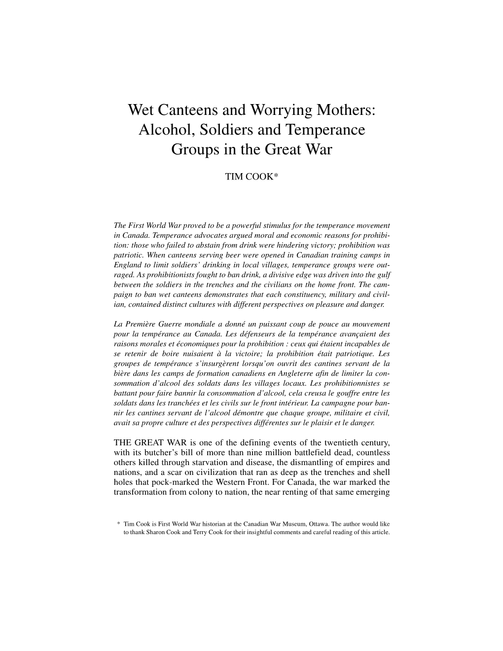 Wet Canteens and Worrying Mothers: Alcohol, Soldiers and Temperance Groups in the Great War