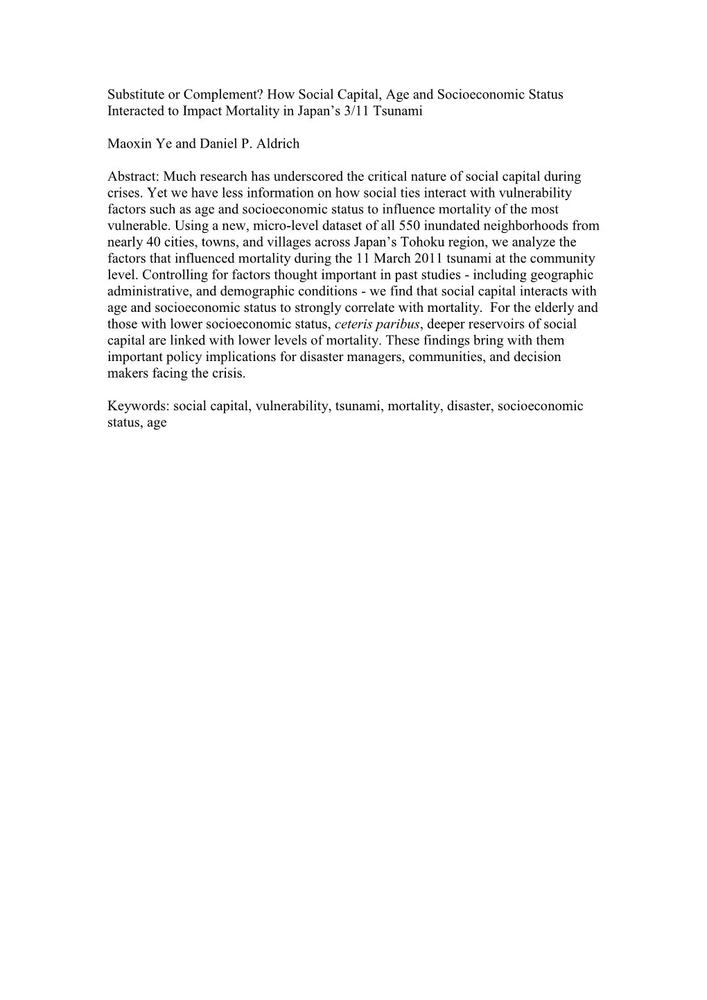 How Social Capital, Age and Socioeconomic Status Interacted to Impact Mortality in Japan’S 3/11 Tsunami