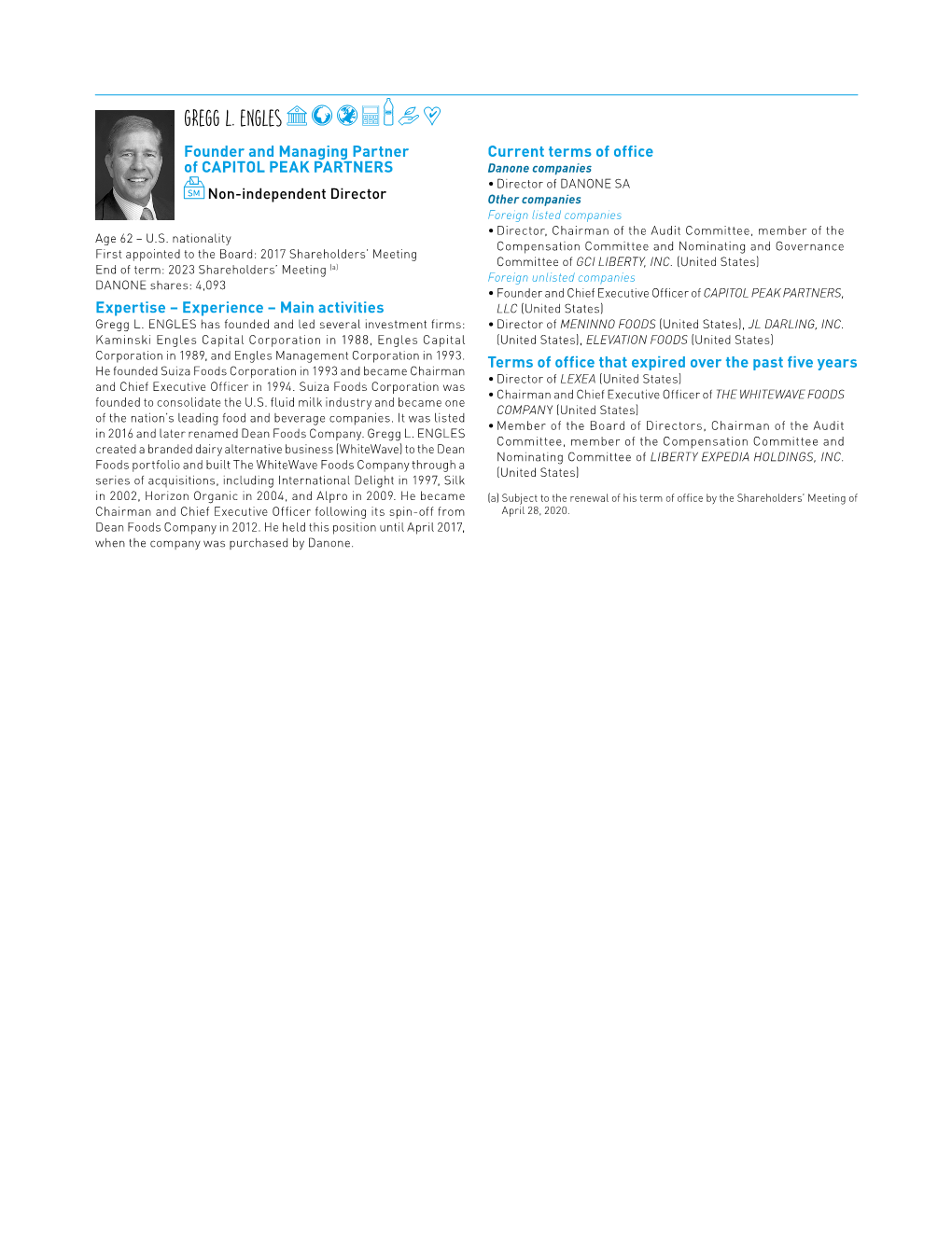 GREGG L. ENGLES Founder and Managing Partner Current Terms of Office of CAPITOL PEAK PARTNERS Danone Companies • Director of DANONE SA