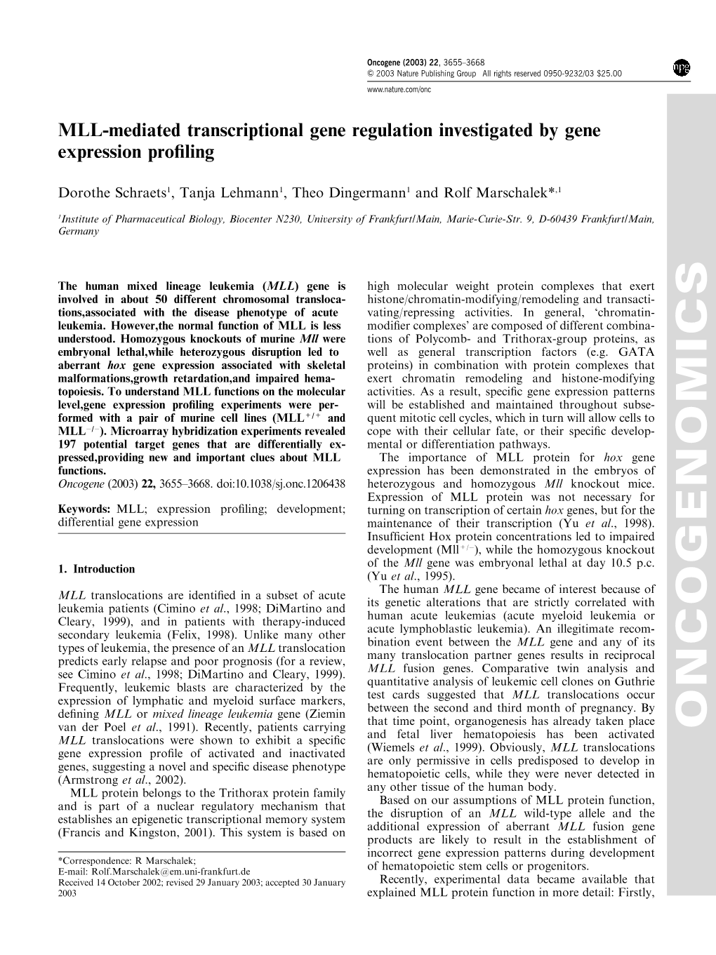 MLL-Mediated Transcriptional Gene Regulation Investigated by Gene Expression Proﬁling