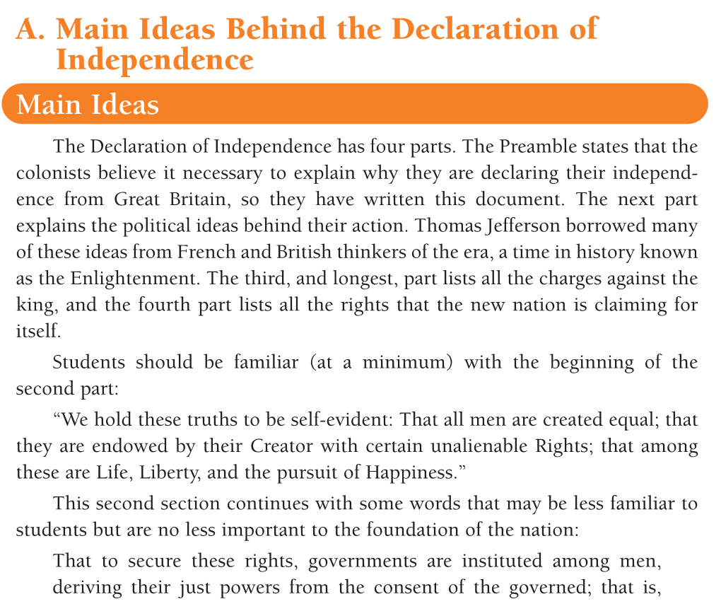 A. Main Ideas Behind the Declaration of Independence