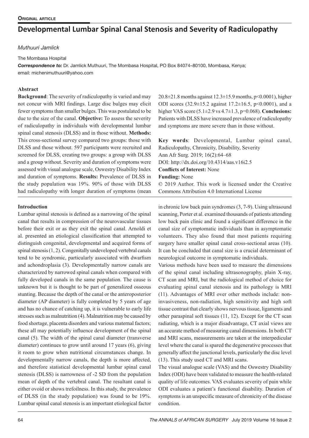 Developmental Lumbar Spinal Canal Stenosis and Severity of Radiculopathy