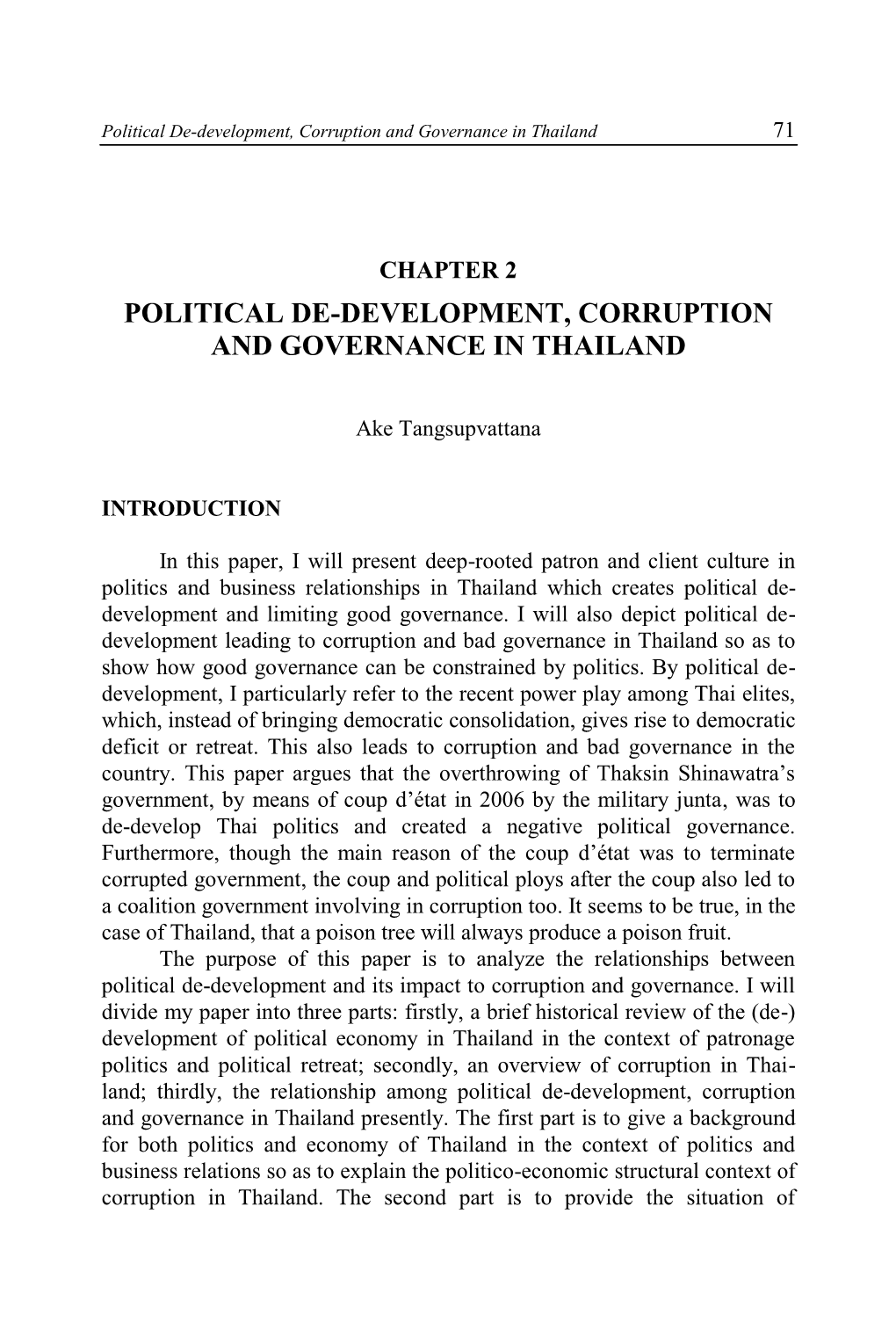 Political De-Development, Corruption and Governance in Thailand 71