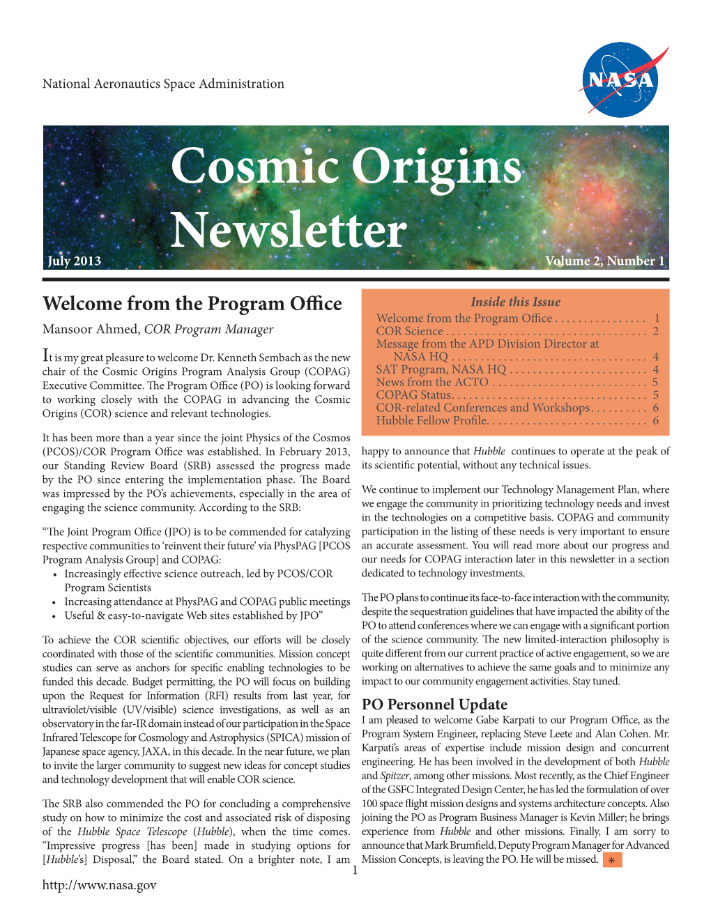 Cosmic Origins Newsletter July 2013 Volume 2, Number 1