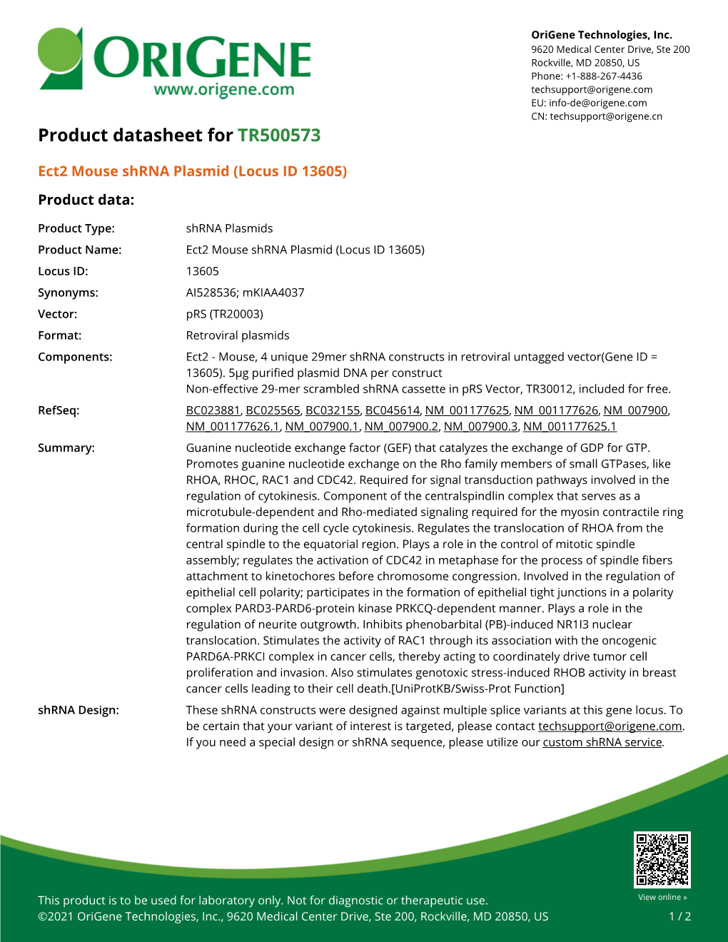 Ect2 Mouse Shrna Plasmid (Locus ID 13605) – TR500573 | Origene