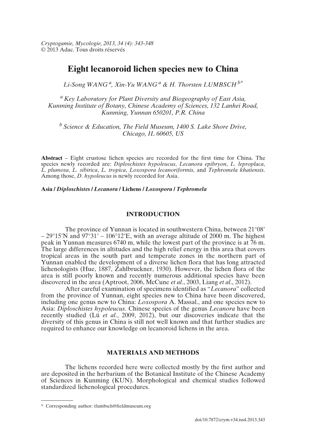 Eight Lecanoroid Lichen Species New to China