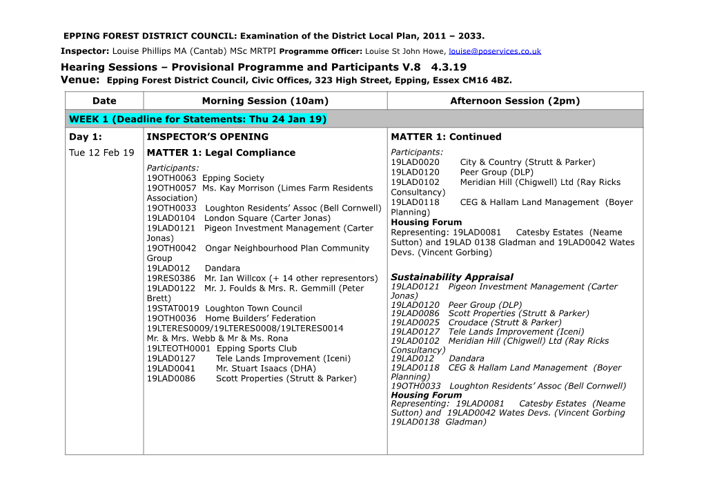 Epping Forest Provisional Programme & Participants V.8 Changes V.2 Final 4.3.19 Clean