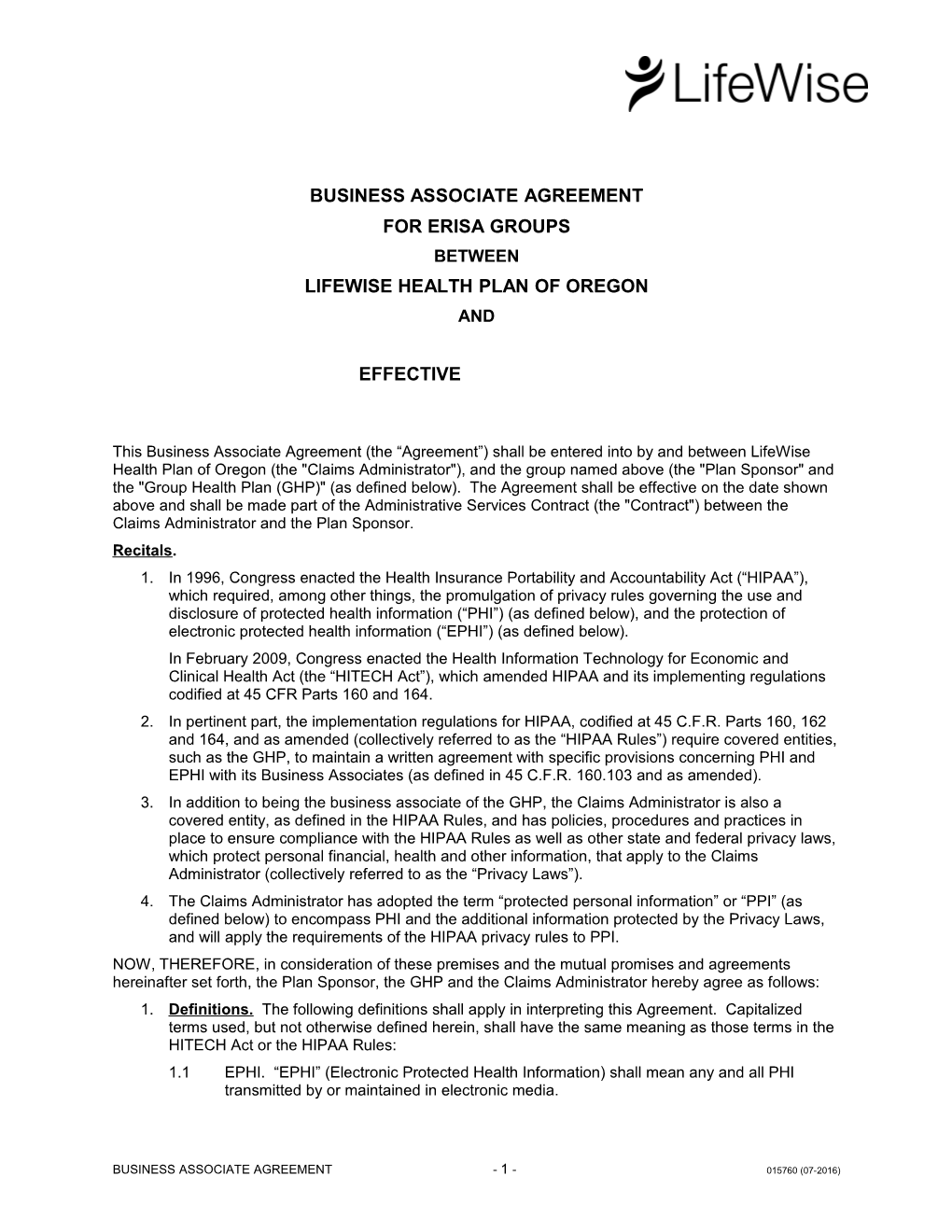 Business Associate Agreement for ERISA Groups