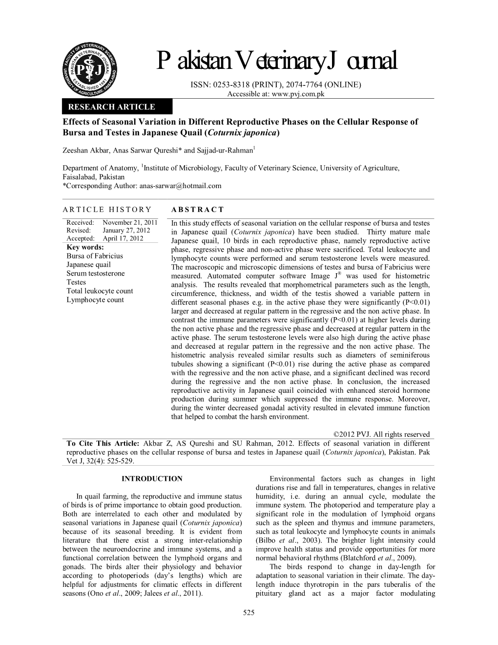 Effects of Seasonal Variation in Different Reproductive Phases on the Cellular Response of Bursa and Testes in Japanese Quail (Coturnix Japonica)