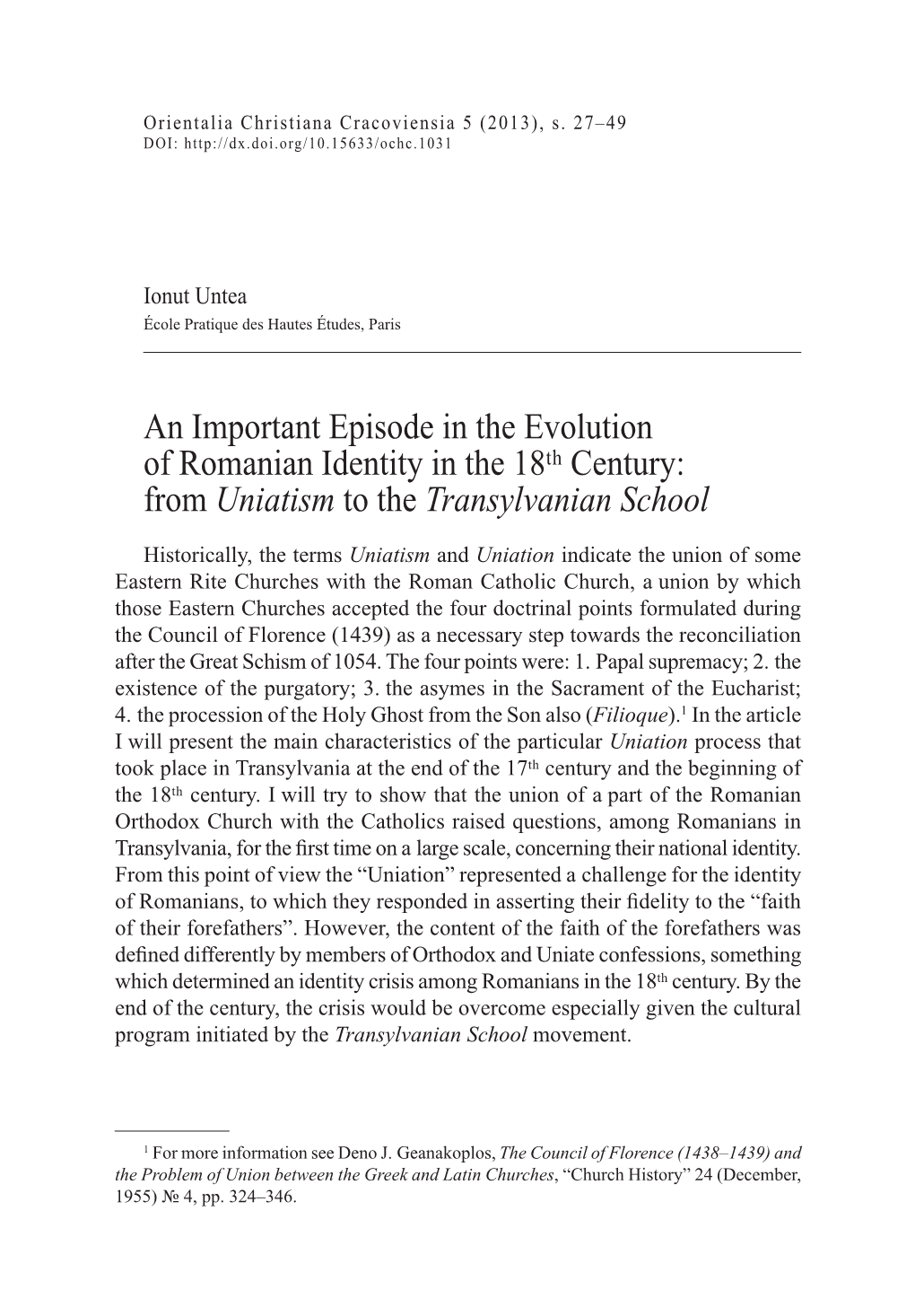 From Uniatism to the Transylvanian School