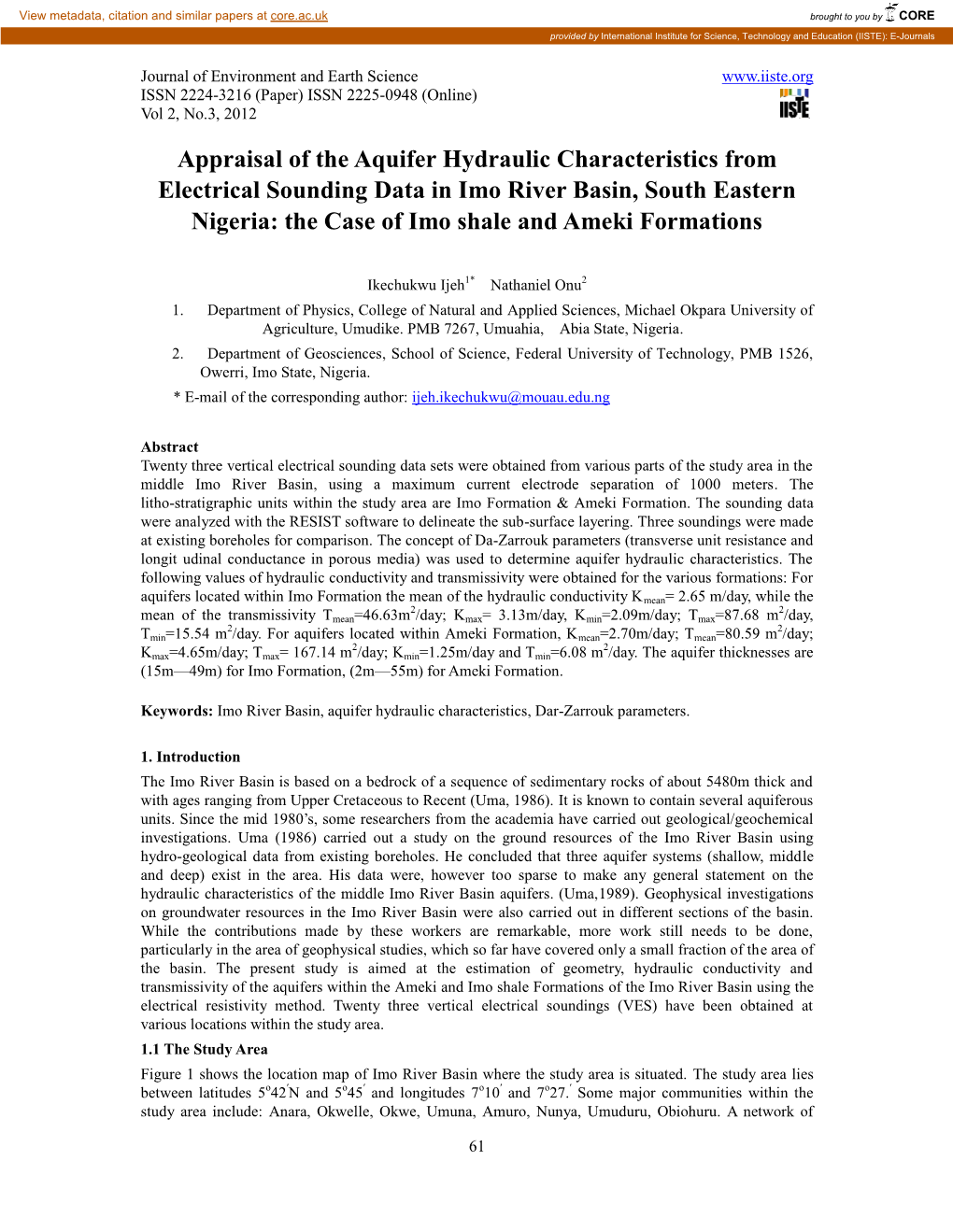 Appraisal of the Aquifer Hydraulic Characteristics from Electrical Sounding Data in Imo River Basin, South Eastern Nigeria