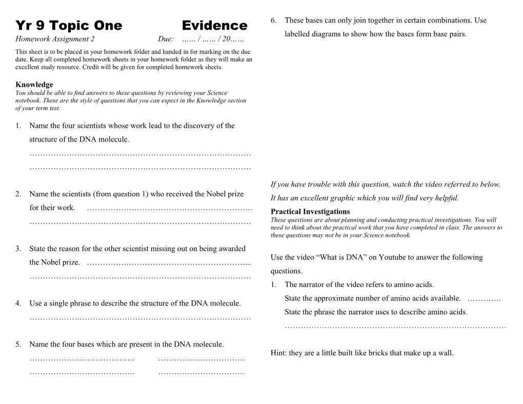 Yr 9 Topic One Evidence