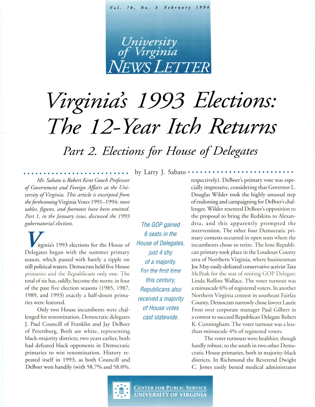 Virginias 1993 Elections: the 12-Rear Itch Returns Part 2