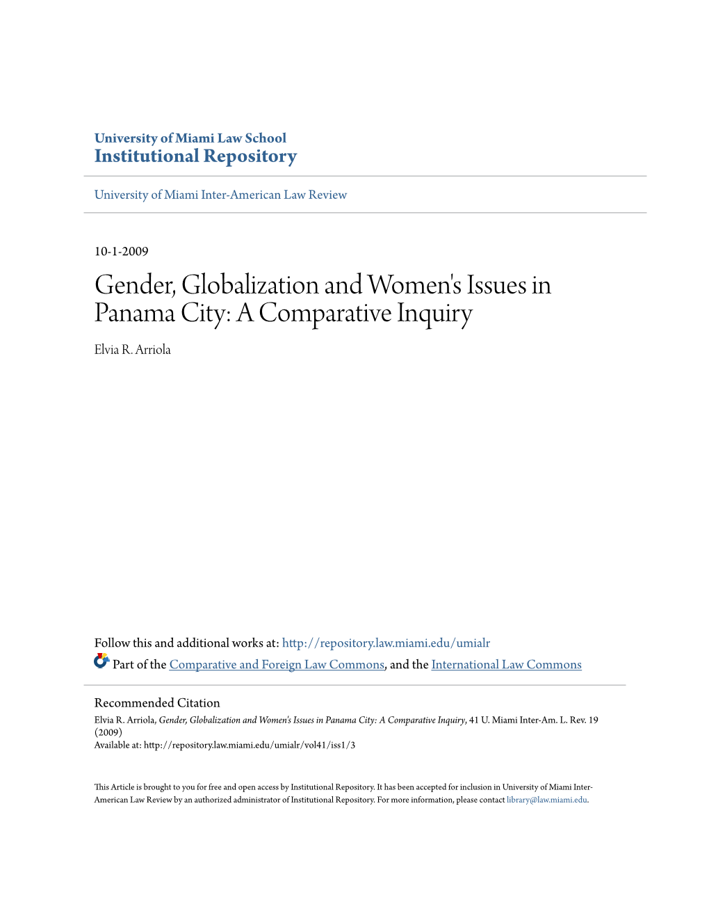 Gender, Globalization and Women's Issues in Panama City: a Comparative Inquiry Elvia R
