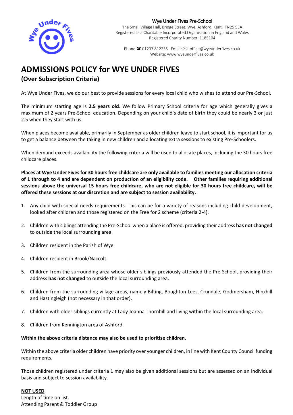 ADMISSIONS POLICY for WYE UNDER FIVES (Over Subscription Criteria)