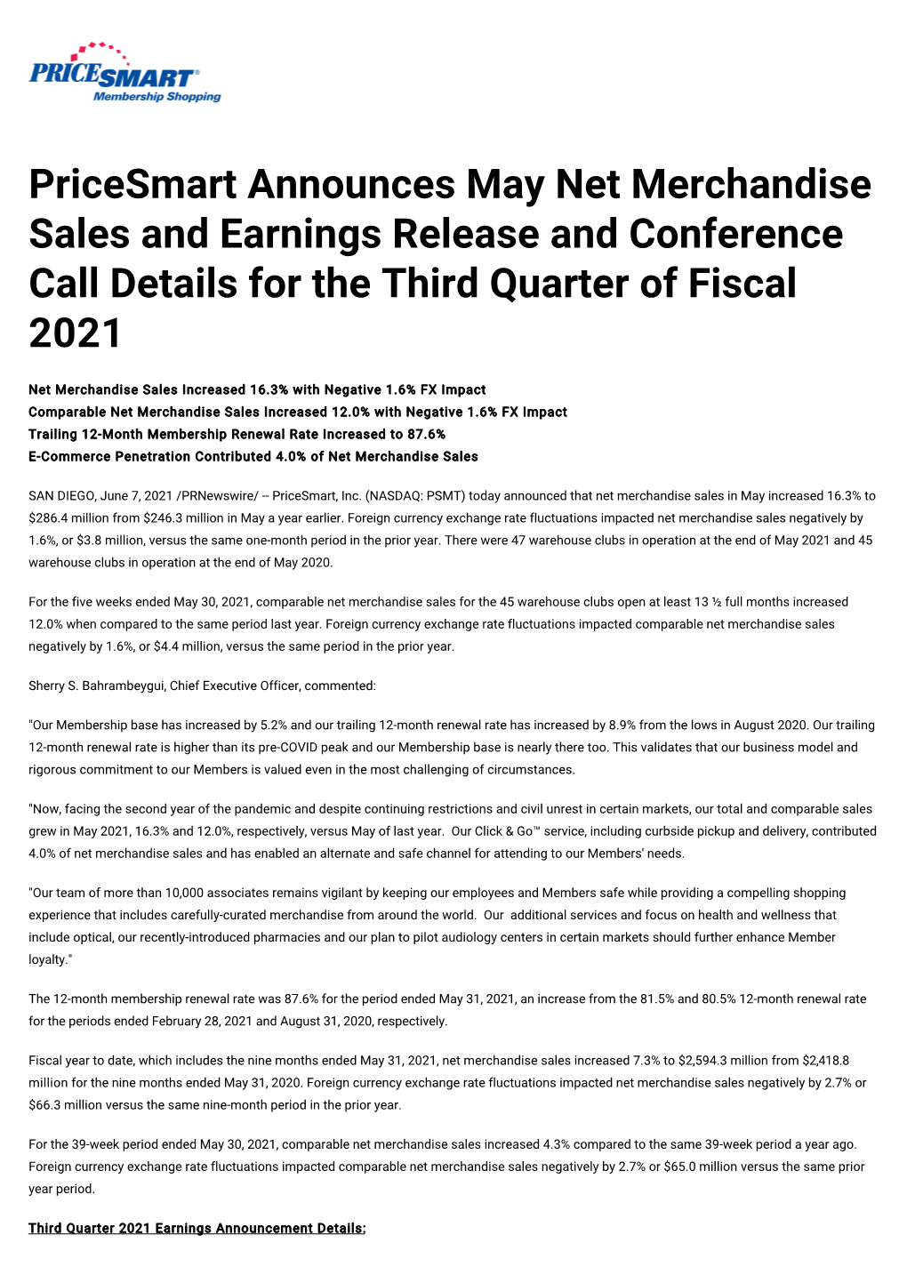 Pricesmart Announces May Net Merchandise Sales and Earnings Release and Conference Call Details for the Third Quarter of Fiscal 2021