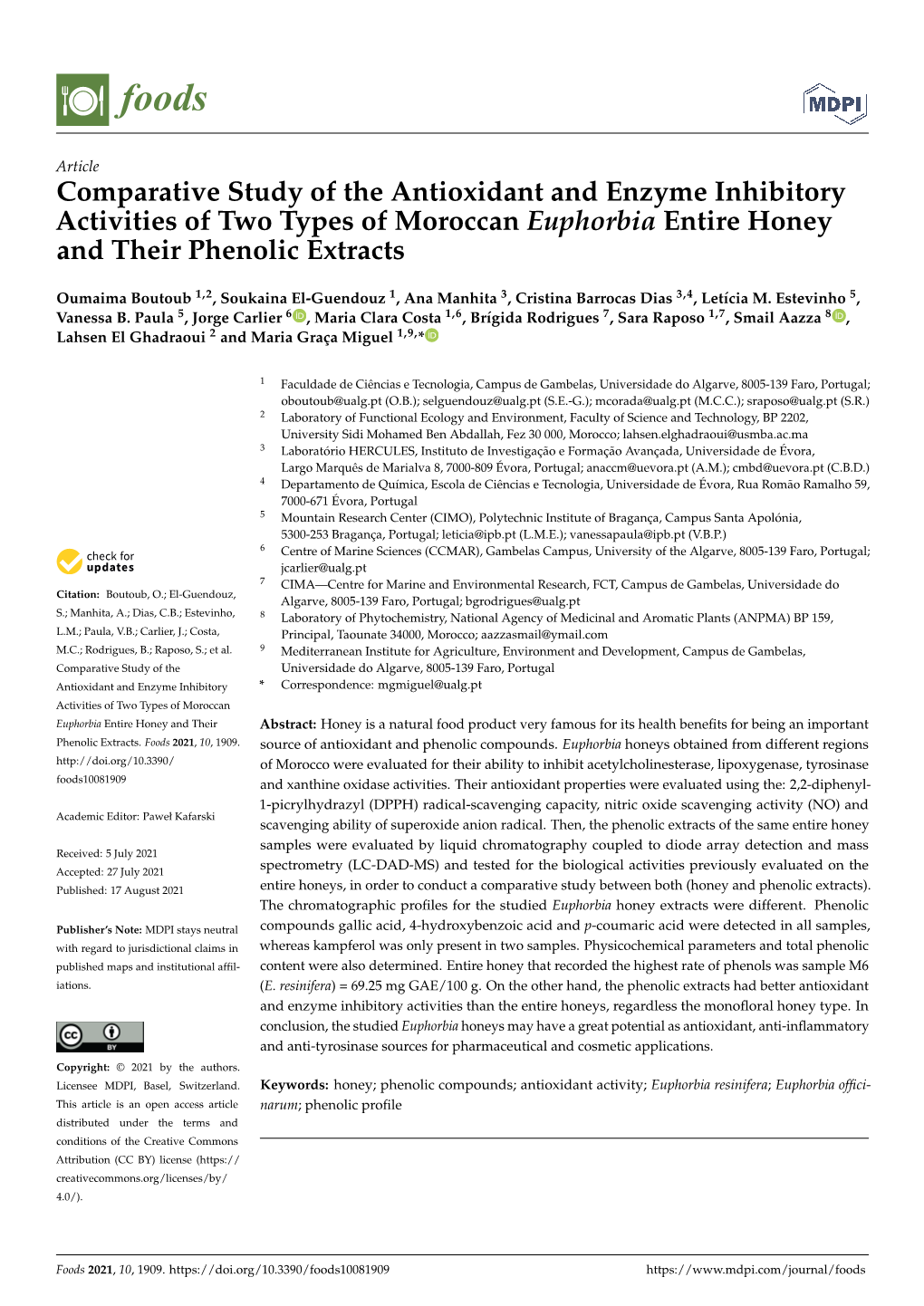 Comparative Study of the Antioxidant and Enzyme Inhibitory Activities of Two Types of Moroccan Euphorbia Entire Honey and Their Phenolic Extracts