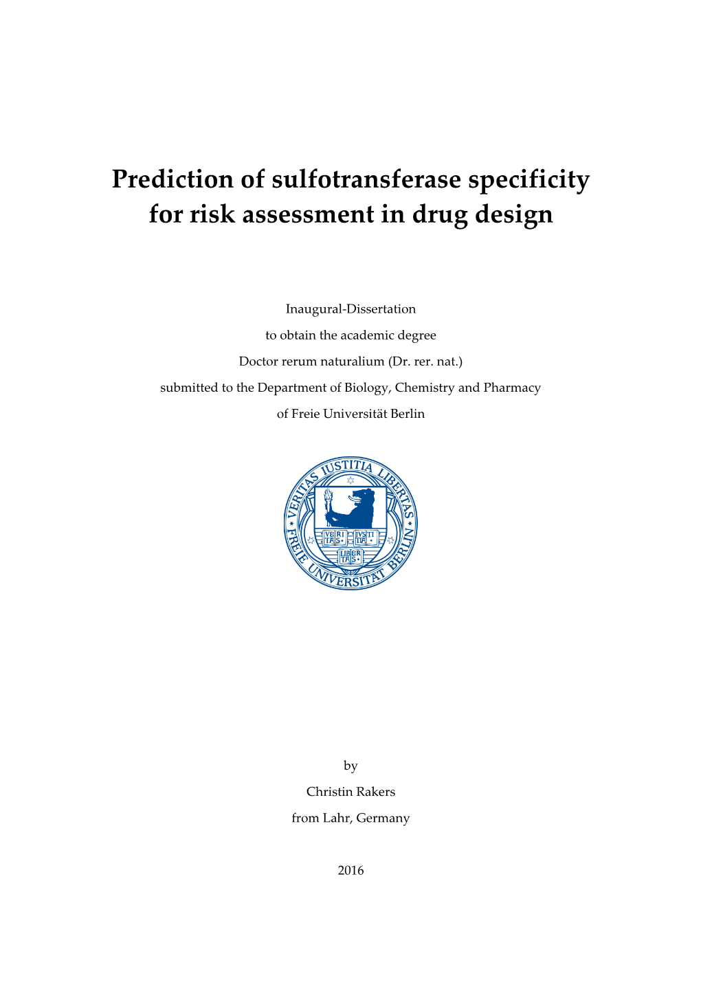Prediction of Sulfotransferase Specificity for Risk Assessment in Drug Design