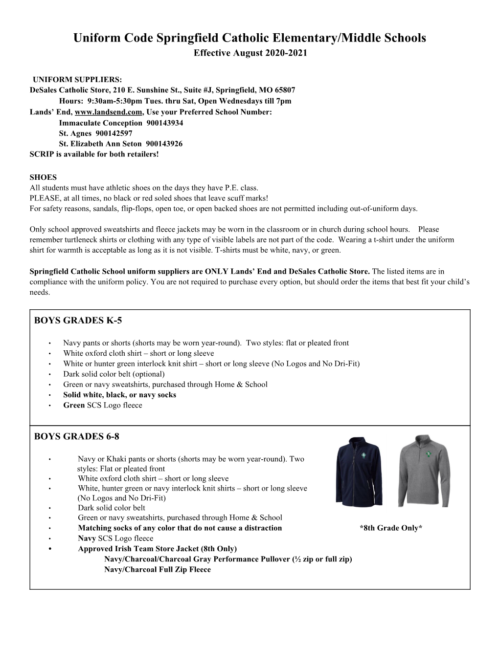 Uniform Code Springfield Catholic Elementary/Middle Schools Effective August 2020-2021 ​