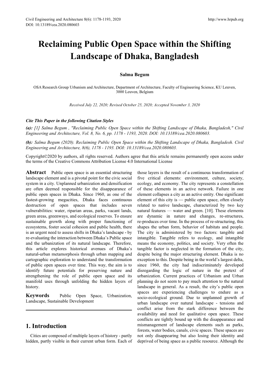 Reclaiming Public Open Space Within the Shifting Landscape of Dhaka, Bangladesh