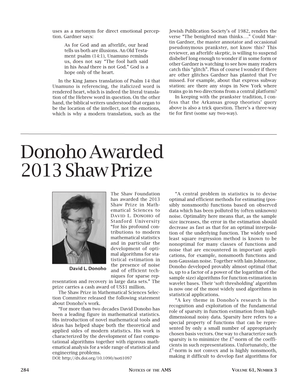 Donoho Awarded 2013 Shaw Prize