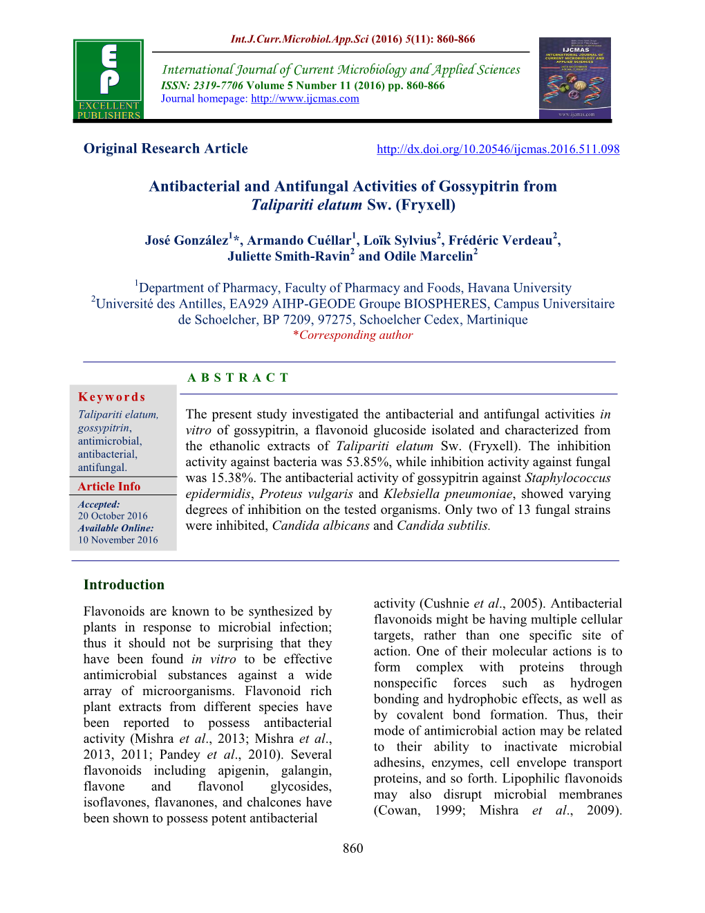 Antibacterial and Antifungal Activities of Gossypitrin from Talipariti Elatum Sw