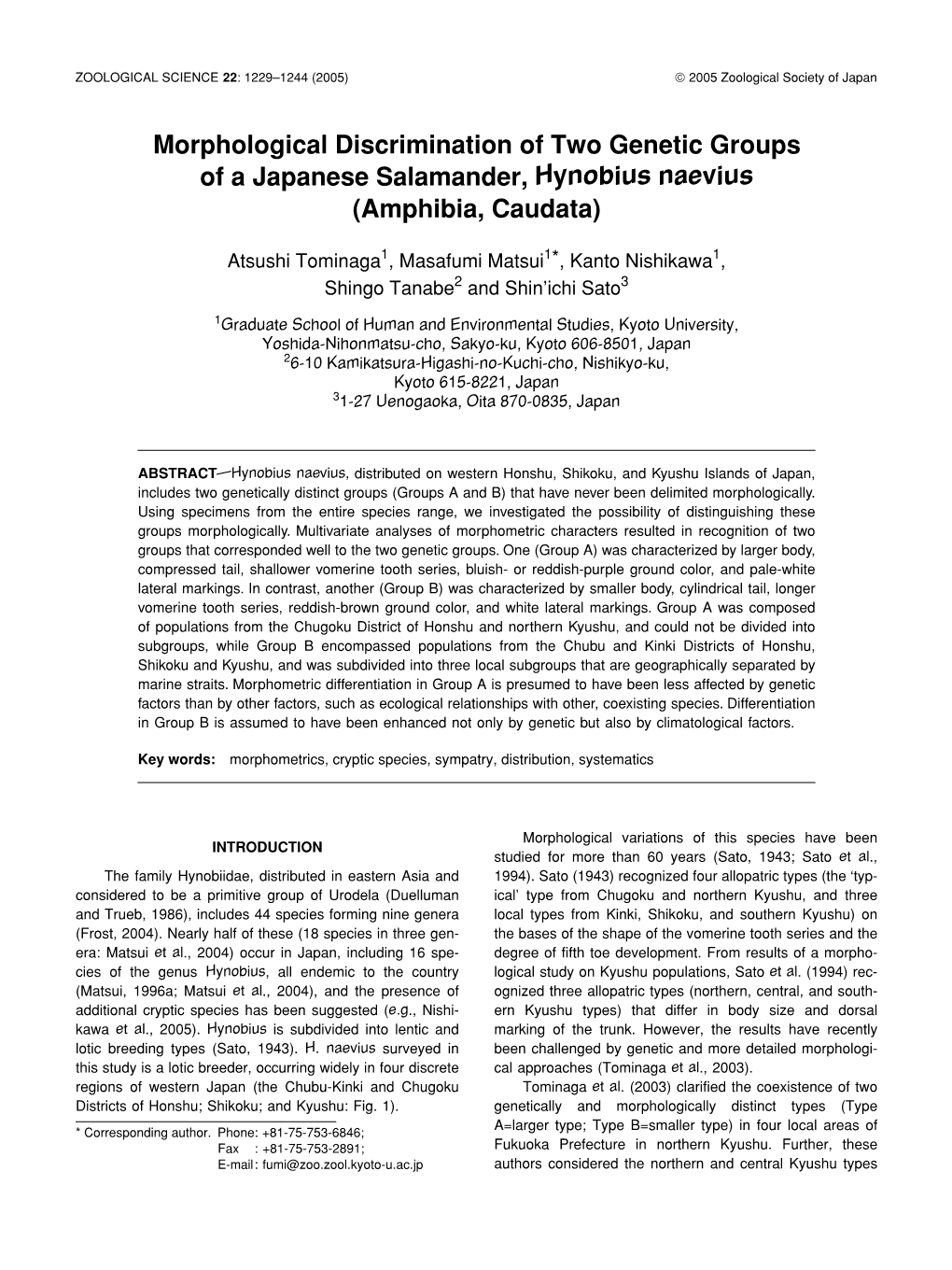 Morphological Discrimination of Two Genetic Groups of a Japanese Salamander, Hynobius Naevius (Amphibia, Caudata)