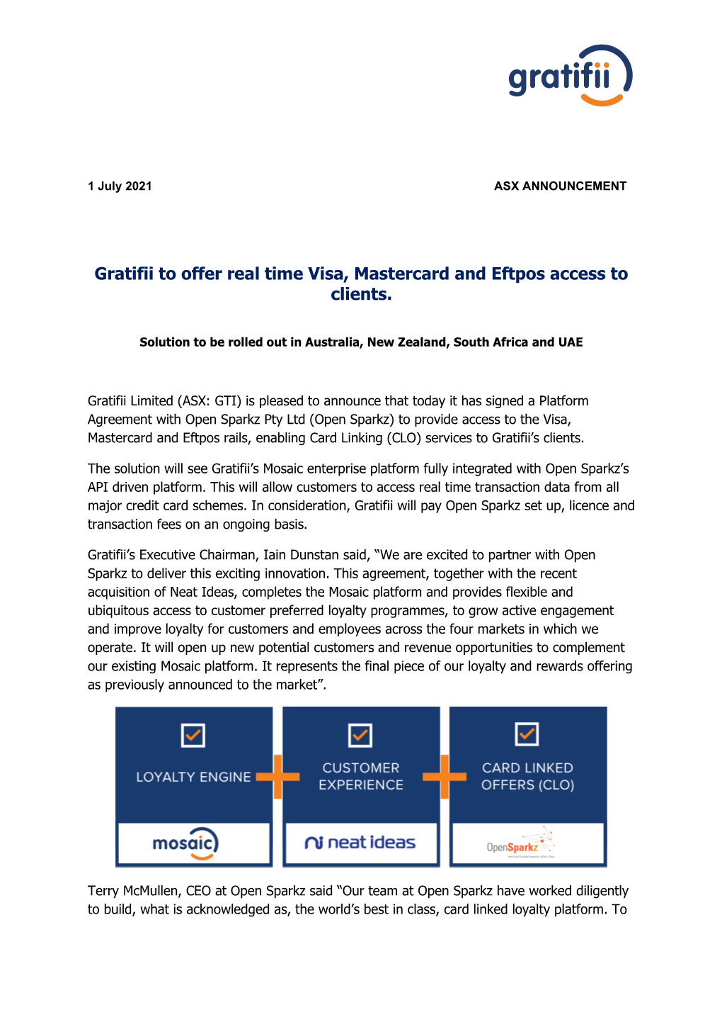 Gratifii to Offer Real Time Visa, Mastercard and Eftpos Access to Clients