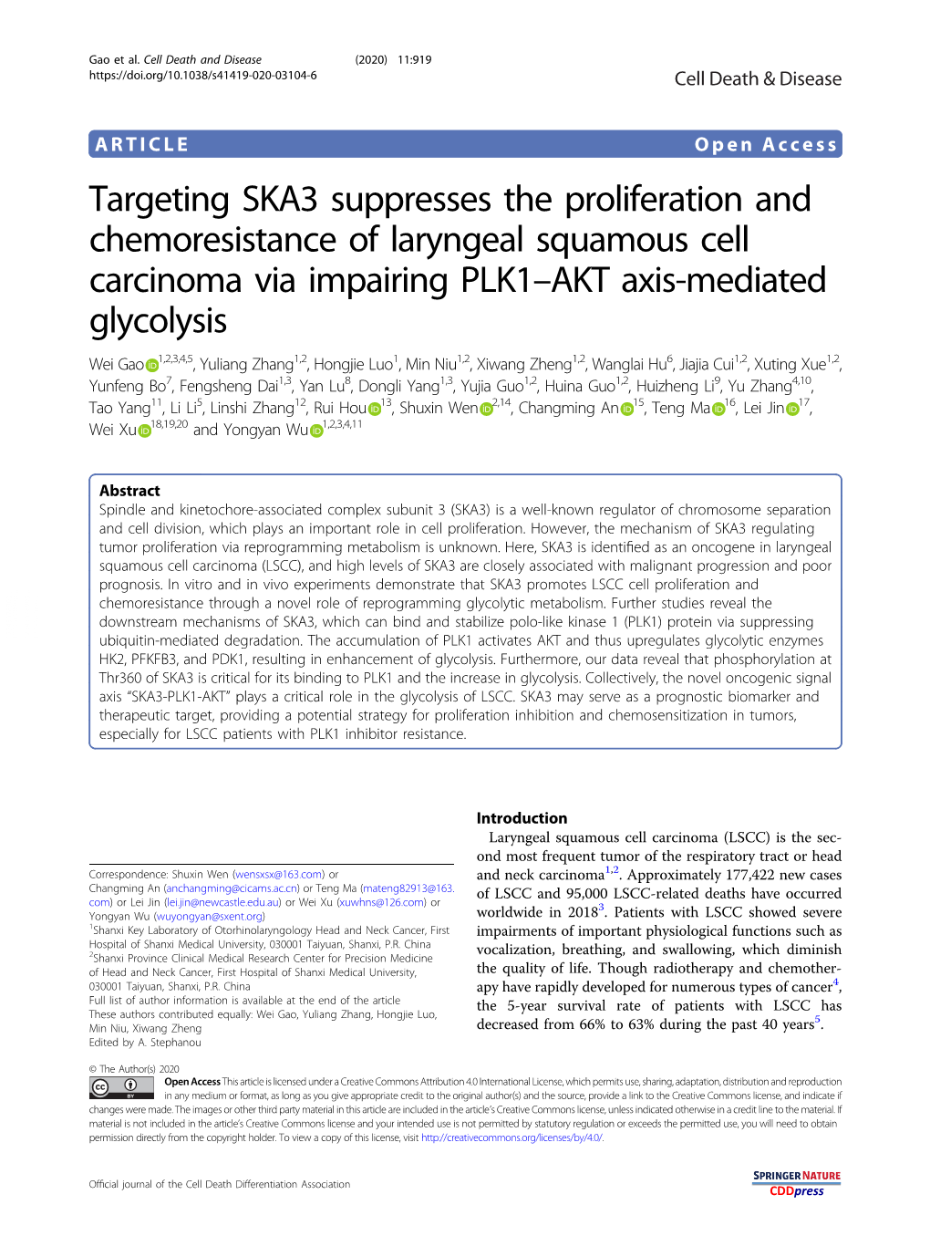 Targeting SKA3 Suppresses the Proliferation and Chemoresistance