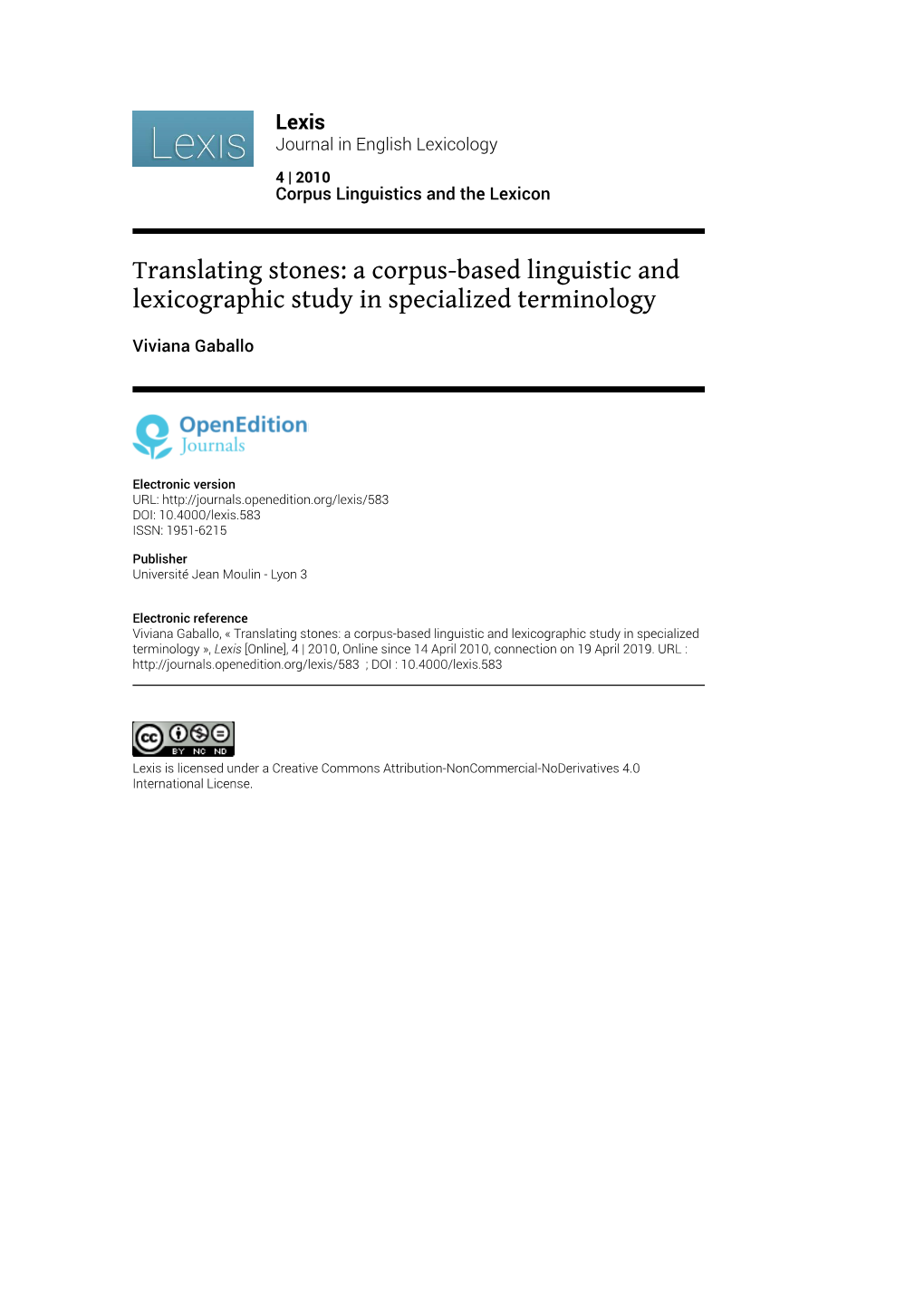 Translating Stones: a Corpus-Based Linguistic and Lexicographic Study in Specialized Terminology