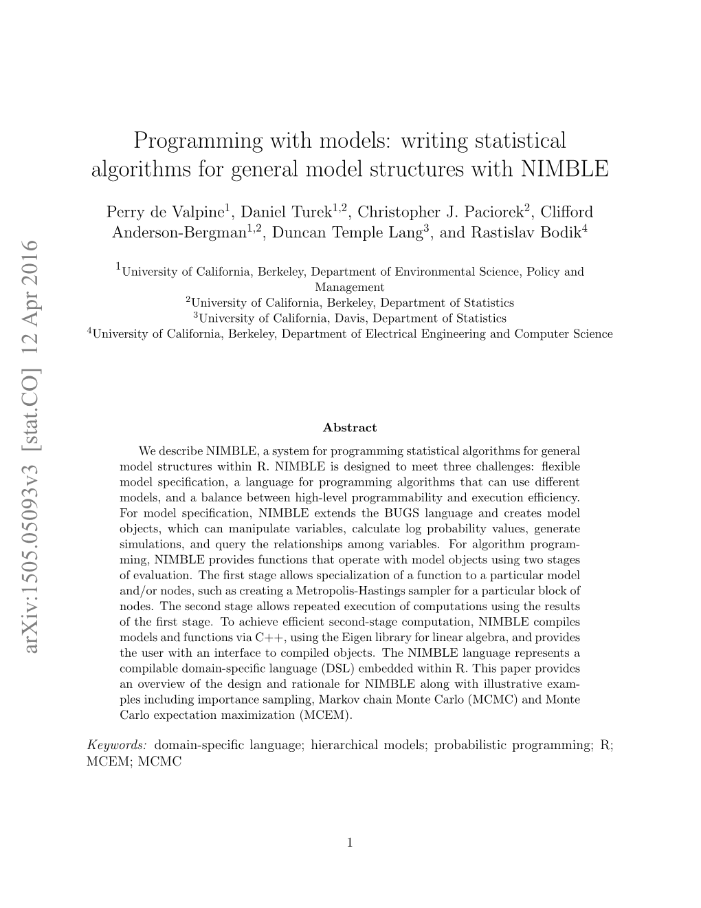 Programming with Models: Writing Statistical Algorithms for General Model Structures with NIMBLE