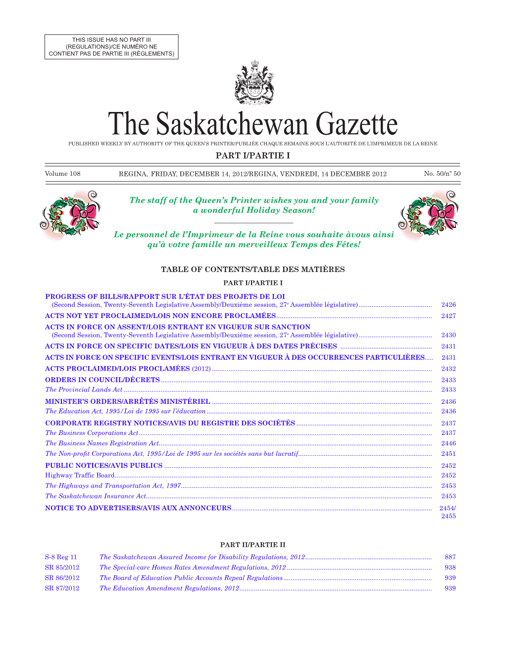 THE SASKATCHEWAN GAZETTE, December 14, 2012 2425