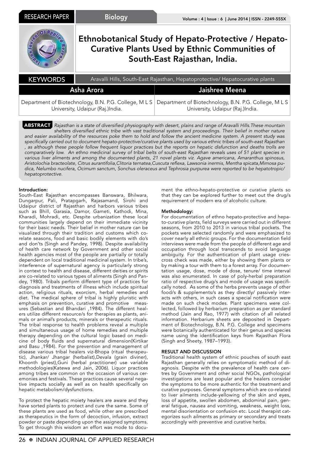 Ethnobotanical Study of Hepato-Protective / Hepato- Curative Plants Used by Ethnic Communities of South-East Rajasthan, India