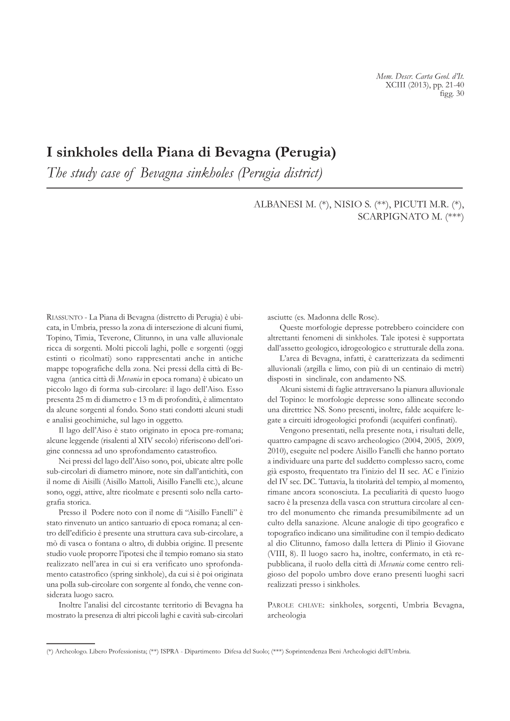I Sinkholes Della Piana Di Bevagna (Perugia) the Study Case of Bevagna Sinkholes (Perugia District)