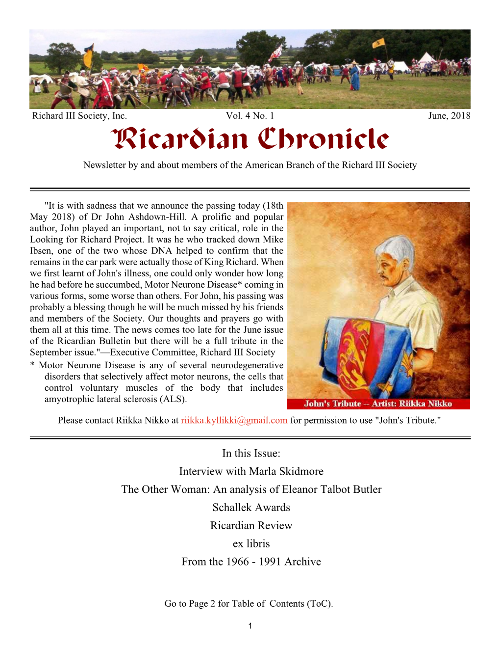 Ricardian Chronicle Newsletter by and About Members of the American Branch of the Richard III Society