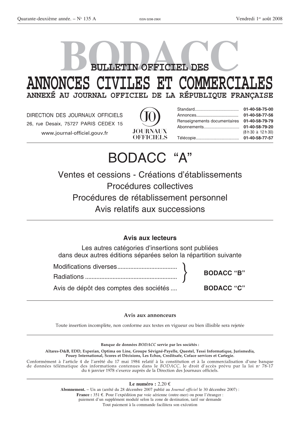 Bodacc Bulletin Officiel Des Annonces Civiles Et Commerciales Annexé Au Journal Officiel De La