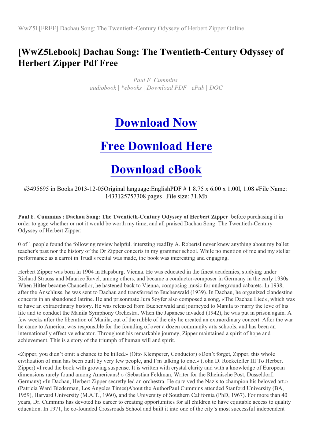 Dachau Song: the Twentieth-Century Odyssey of Herbert Zipper Online